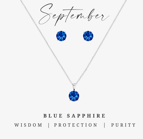 Silvertone September Blue Sapphire Birthstone CZ Earring & Necklace Set