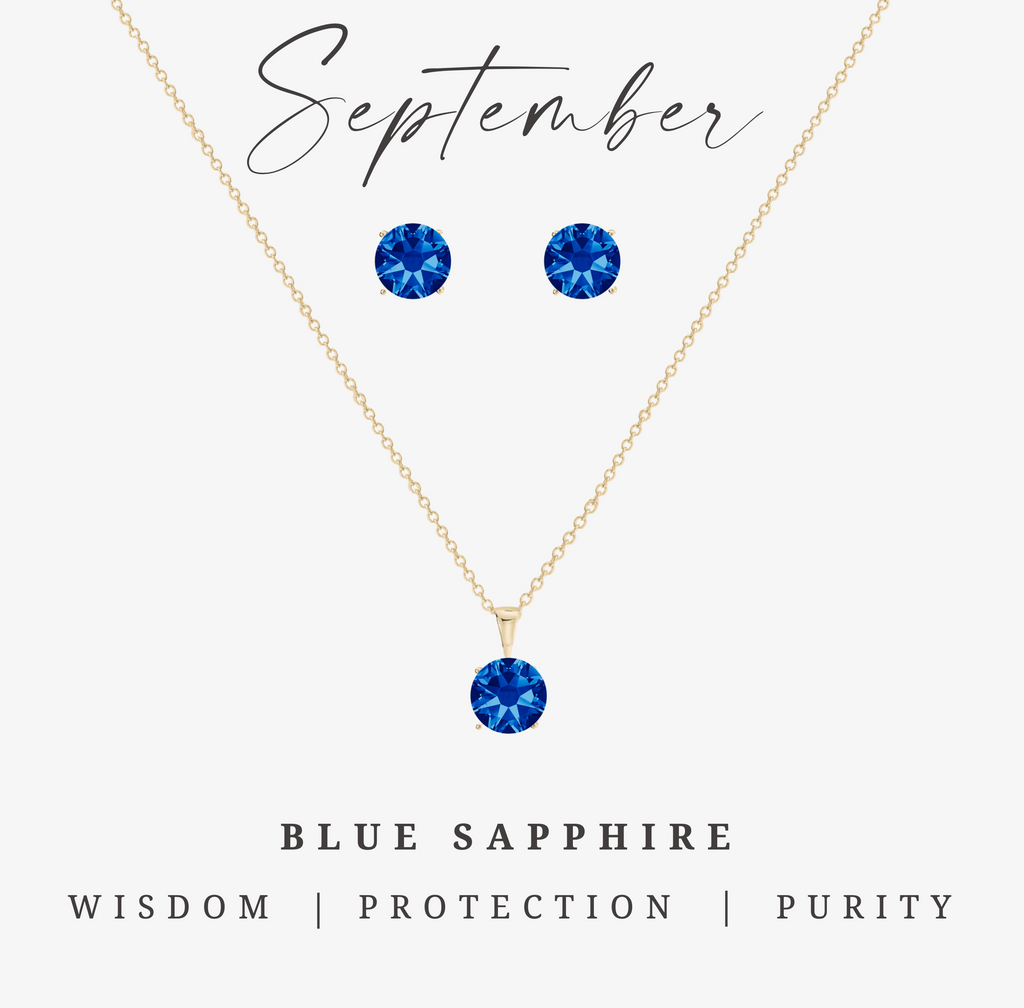 Goldtone September Blue Sapphire Birthstone CZ Earring & Necklace Set