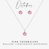 Silvertone October Pink Tourmaline Birthstone CZ Earring & Necklace Set