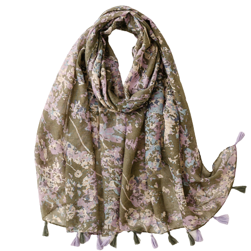Moss Green And Lavender Flower Scarf