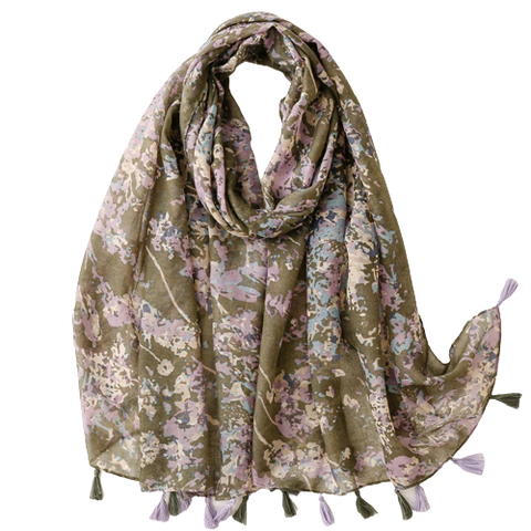 Moss Green And Lavender Flower Scarf