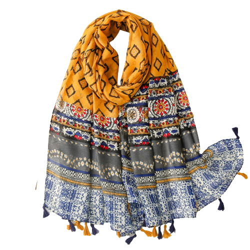 Blue And Mustard Damask Scarf