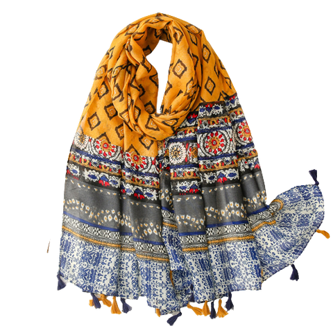 Blue And Mustard Damask Scarf