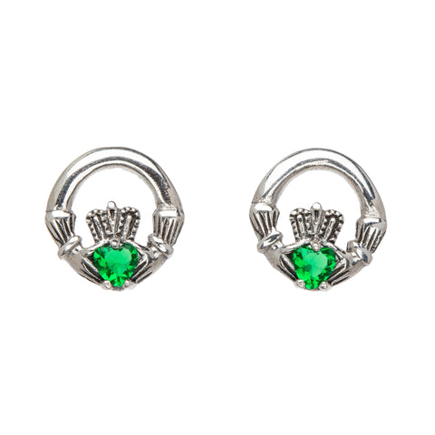 Sterling Silver Green Cubic Zirconia Claddagh Stud Earrings