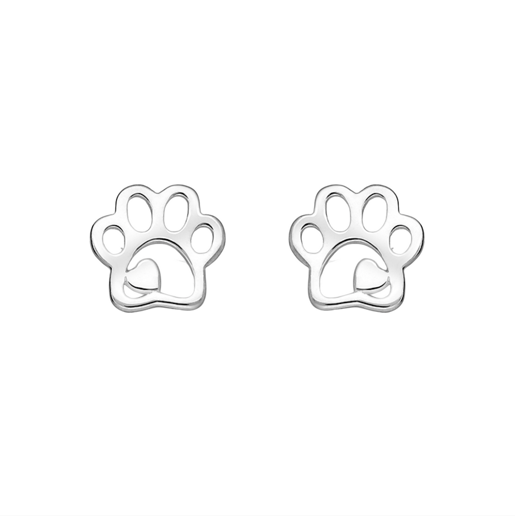 Sterling Silver Paw Print and Heart Open Stud Earrings