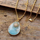 Amazonite Teardrop Goldtone Cubic Zirconia Sun Pendant Necklace