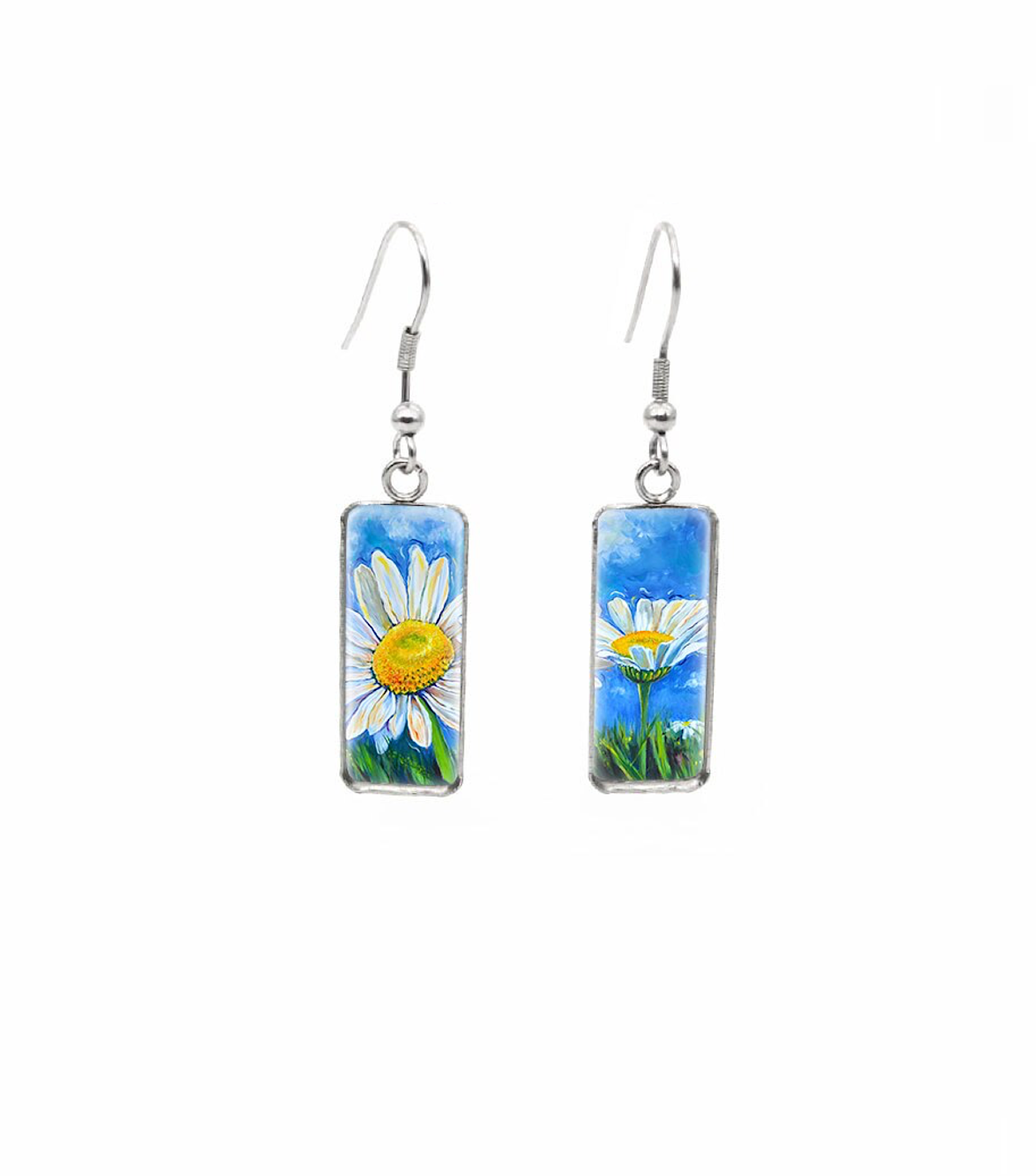 Blue & Daisy Rectangular Drop Earrings - Don't Ask