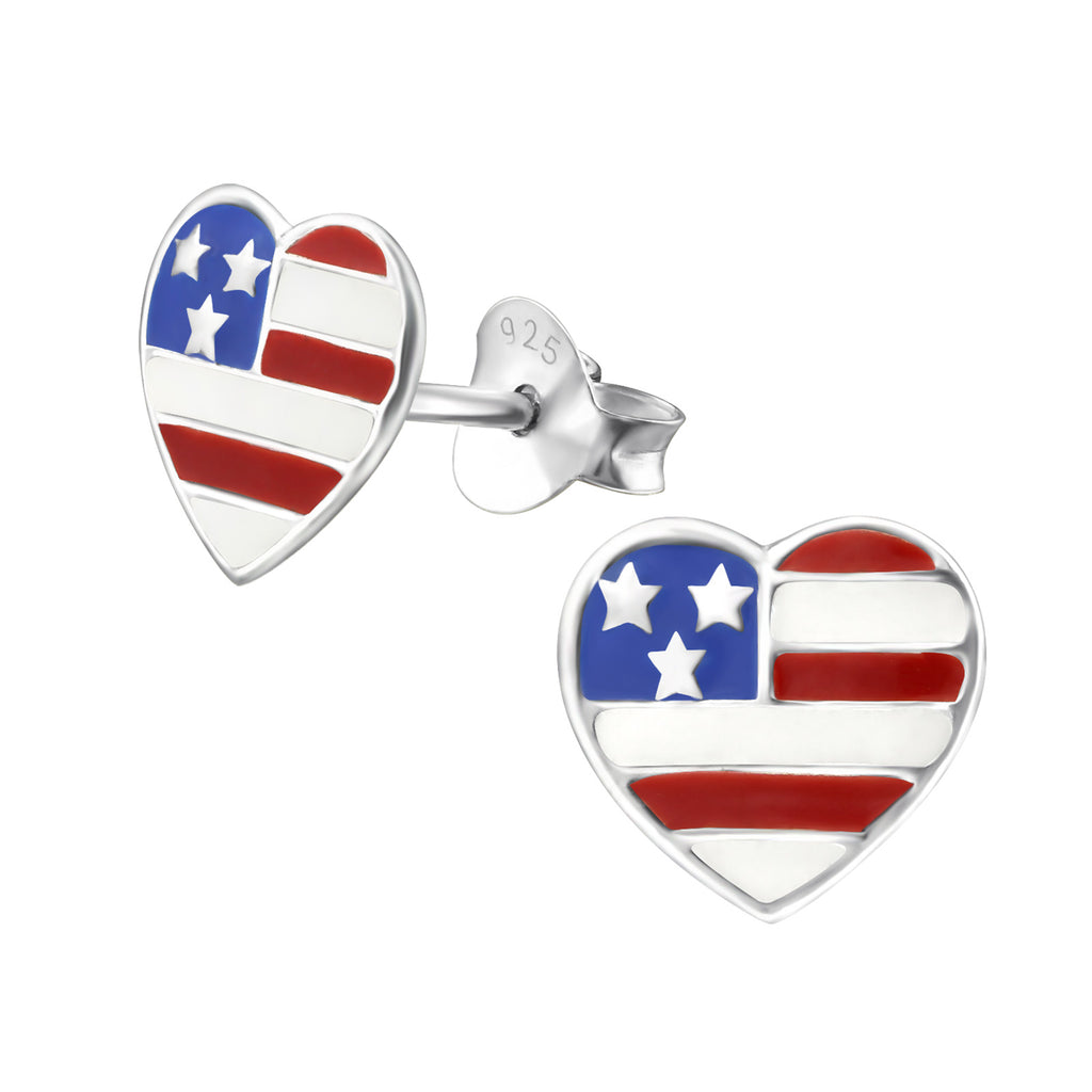 Sterling Silver American Flag Heart Stud Earrings