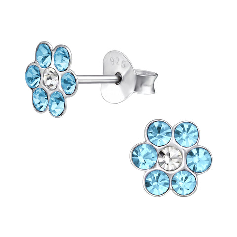 Sterling Silver Blue Crystal Flower cuteStud Earrings