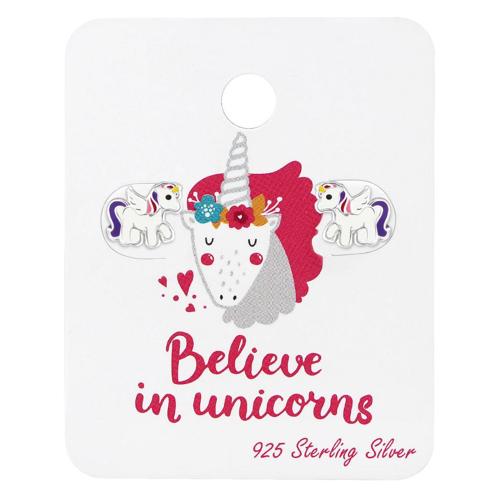 Sterling Silver Unicorn cuteStud Earrings on card