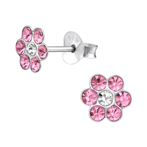 Sterling Silver   Pink CZ Flower Stud Earrings