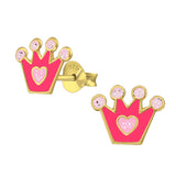 Goldtone Sterling Silver Plated Hot Pink Crown cuteStud Earrings