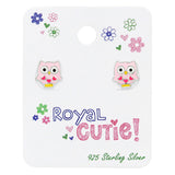 Sterling Silver Pink Owl cuteStud Earrings