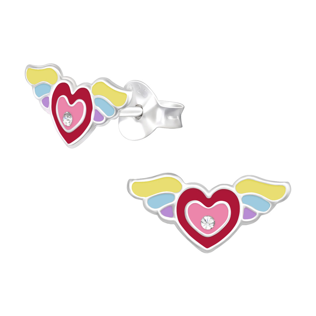 Sterling Silver Rainbow Heart with Wings cuteStud Earrings