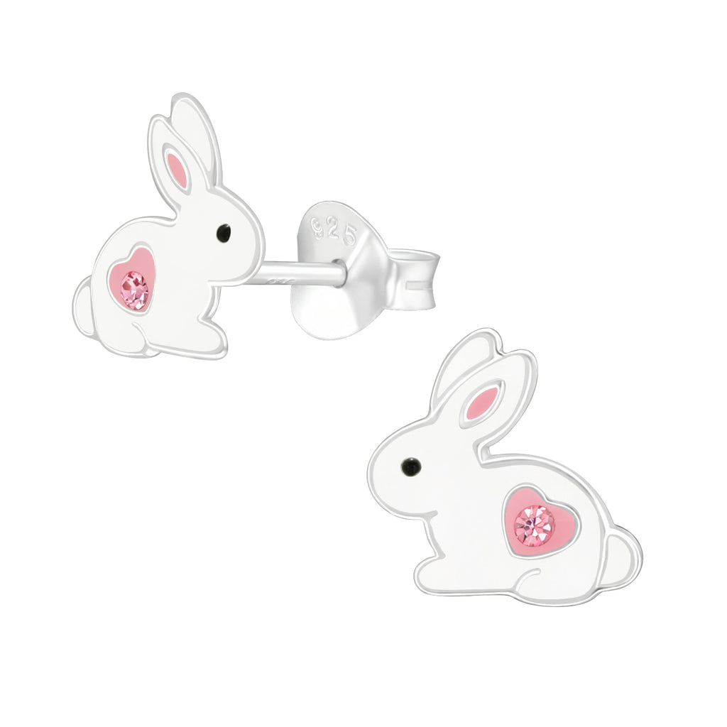 White   Pink Bunny Rabbit Sterling Silver Stud Earrings