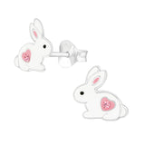 White   Pink Bunny Rabbit Sterling Silver Stud Earrings