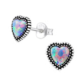 Sterling Silver Heart Stud Earrings with Multi-coloured Lab-Create Opal