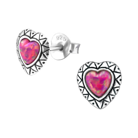 Sterling Silver Heart Stud Earrings with Pink Lab-Created Opal