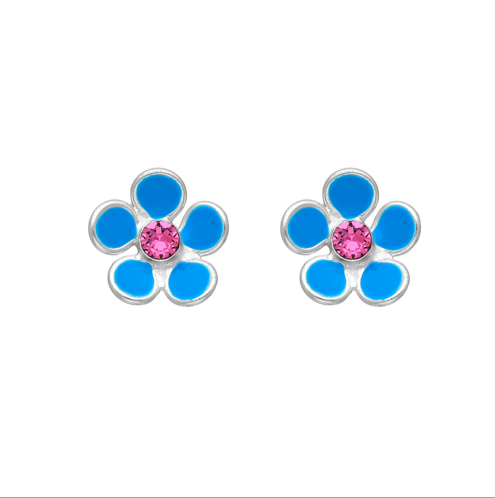 Sterling Silver Blue   Pink CZ Flower Stud Earrings