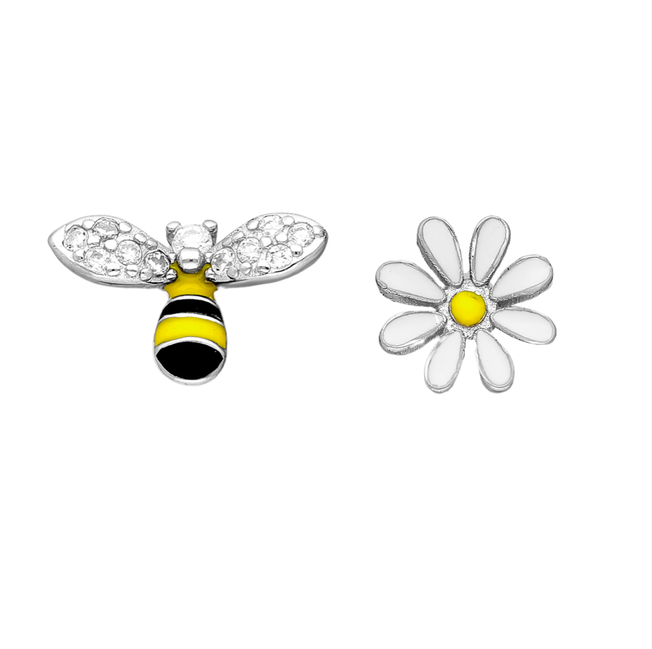 Sterling Silver   CZ Bee and Daisy Asymmetrical Stud Earrings