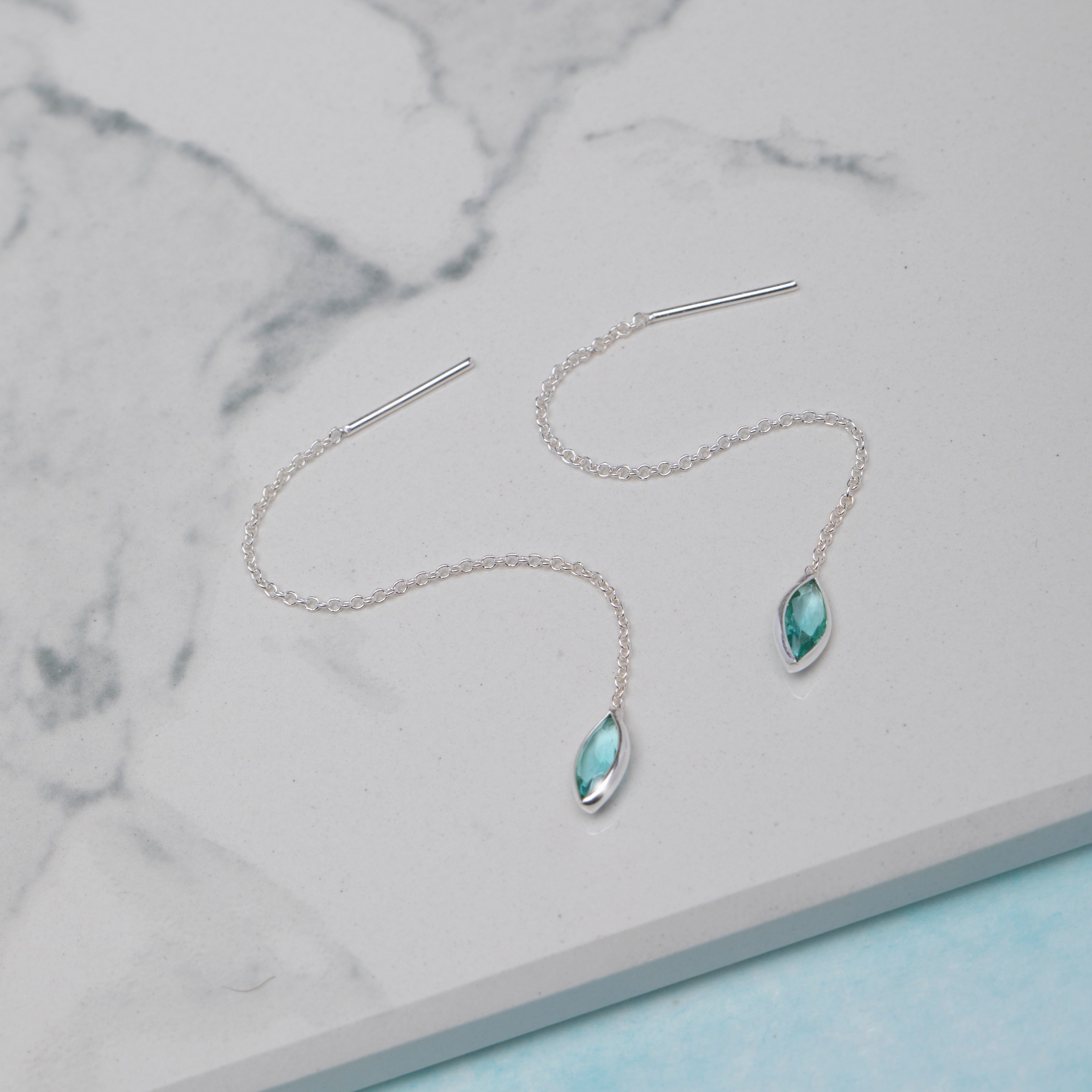 Sterling Silver   Aqua CZ Marquis Threader Earrings