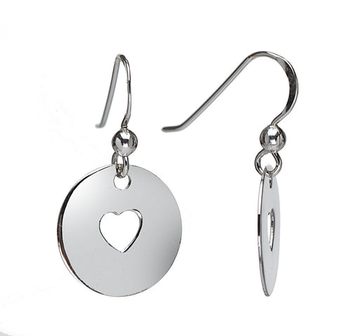 Sterling Silver Circular Cut Out Heart Drop Earrings