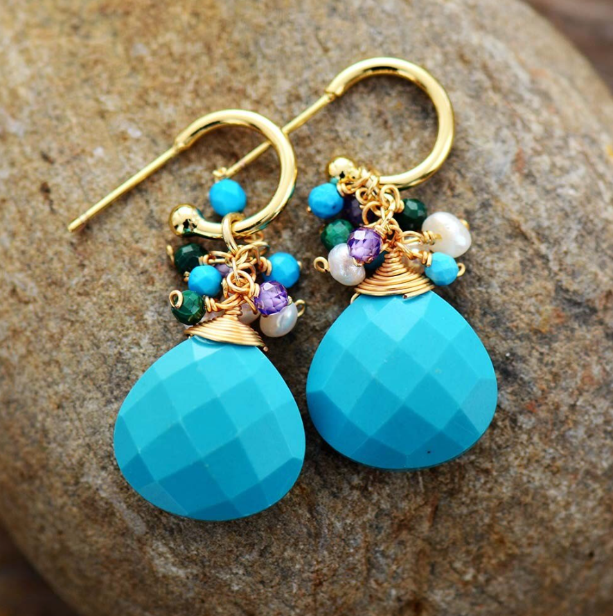 Handmade Turquoise Agate Gemstone Beaded Cluster Drop Earrings