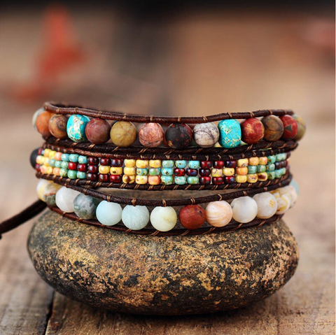 Handmade Earth Toned Jade Agate Gemstone Beaded Wrap Bracelet