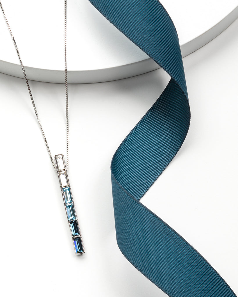 Blue Graduated Crystal Bar Pendant Necklace