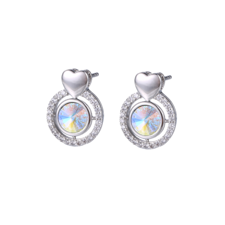 Silvertone   Aurora Borealis Circular Heart Stud Earrings