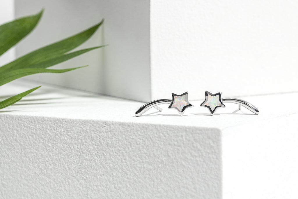 Sterling Silver   White Opal Shooting Star Earrings