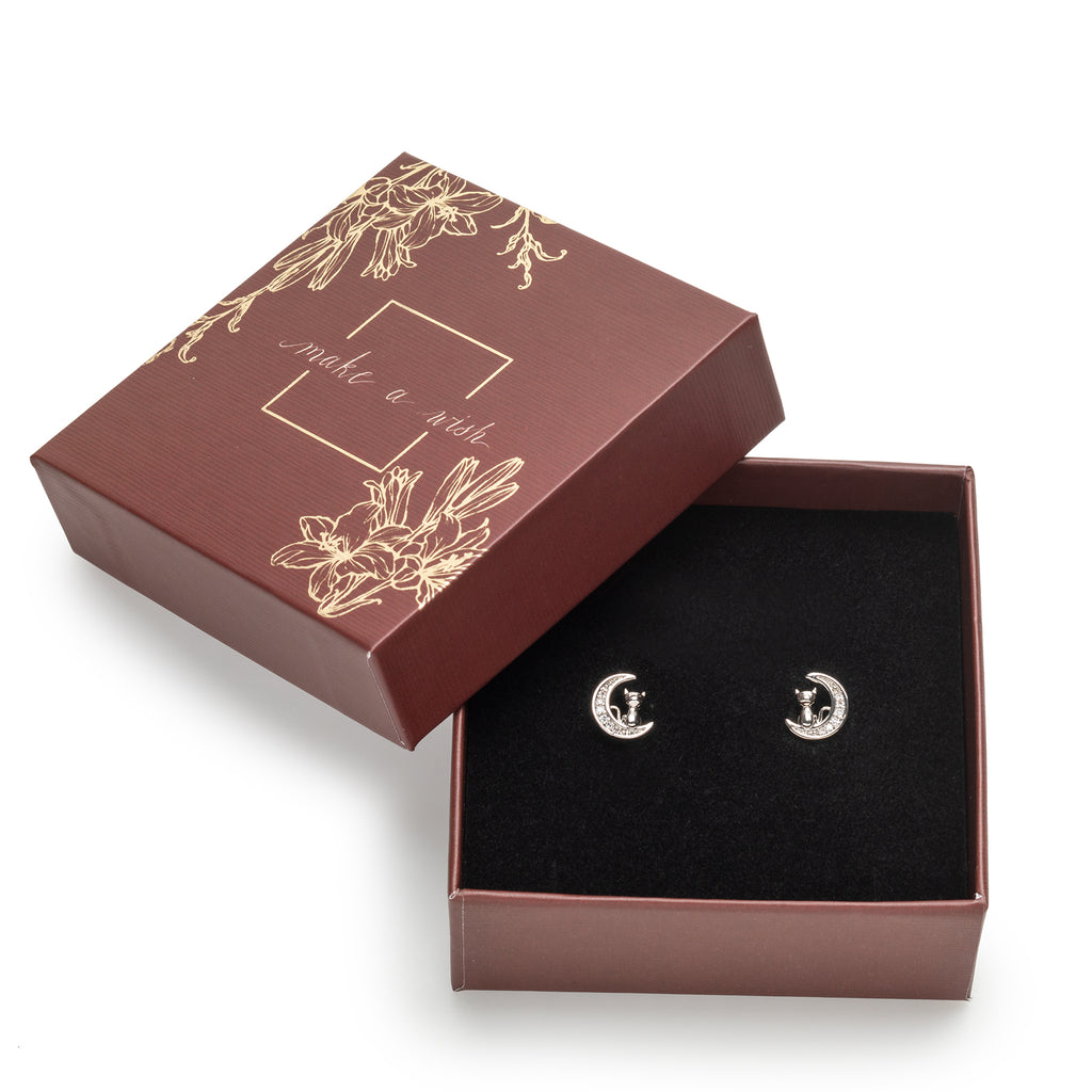 Holiday Gift Box with Silvertone Cat on Moon Swarovksi Crystal Stud Earrings