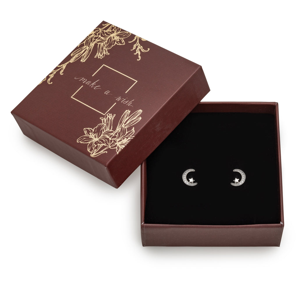 Holiday Gift Box with Moon   Star Swarovksi Crystal Stud Earrings