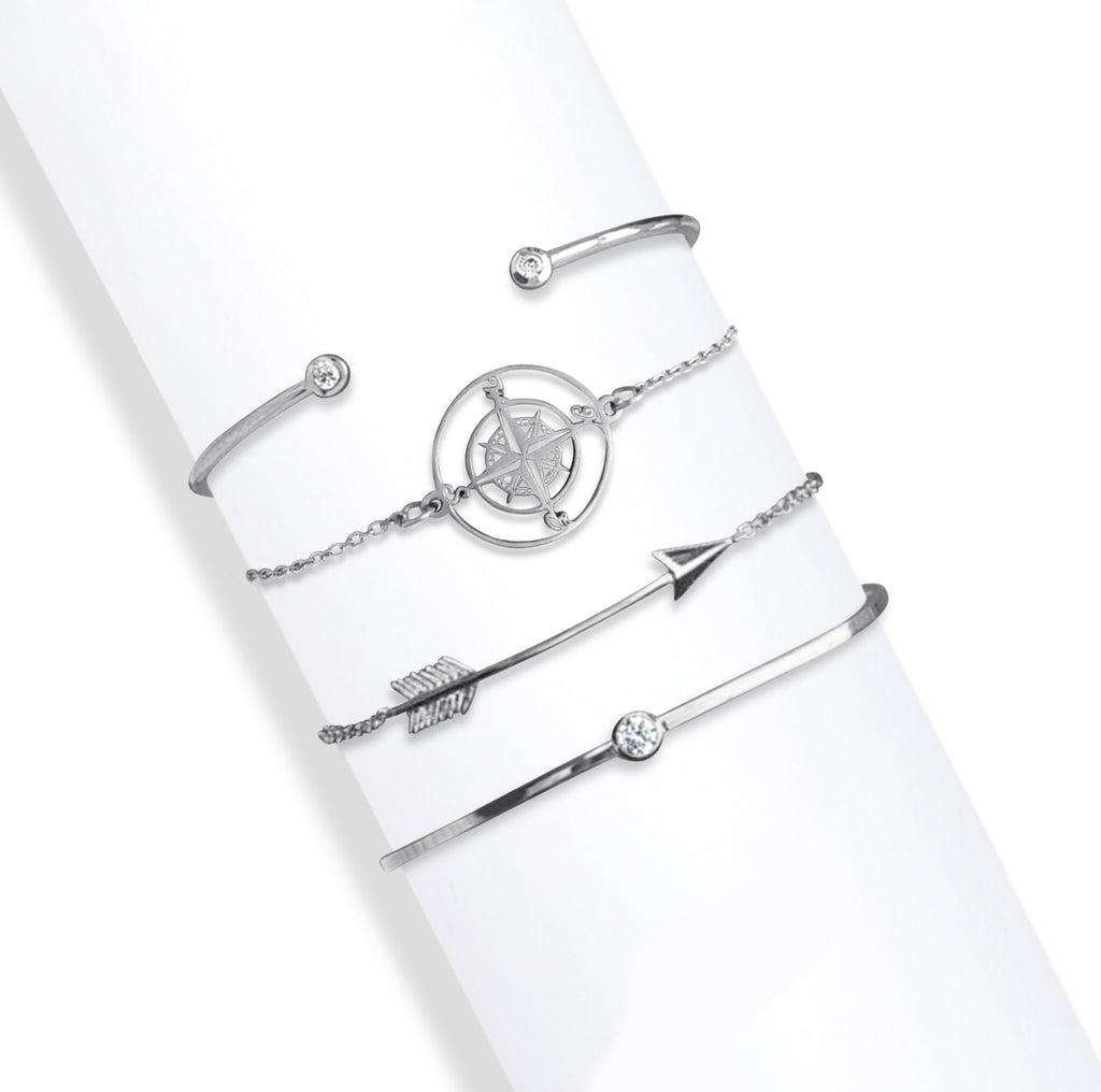 Silvertone & Clear Compass and Arrow  Crystal Bracelet Set
