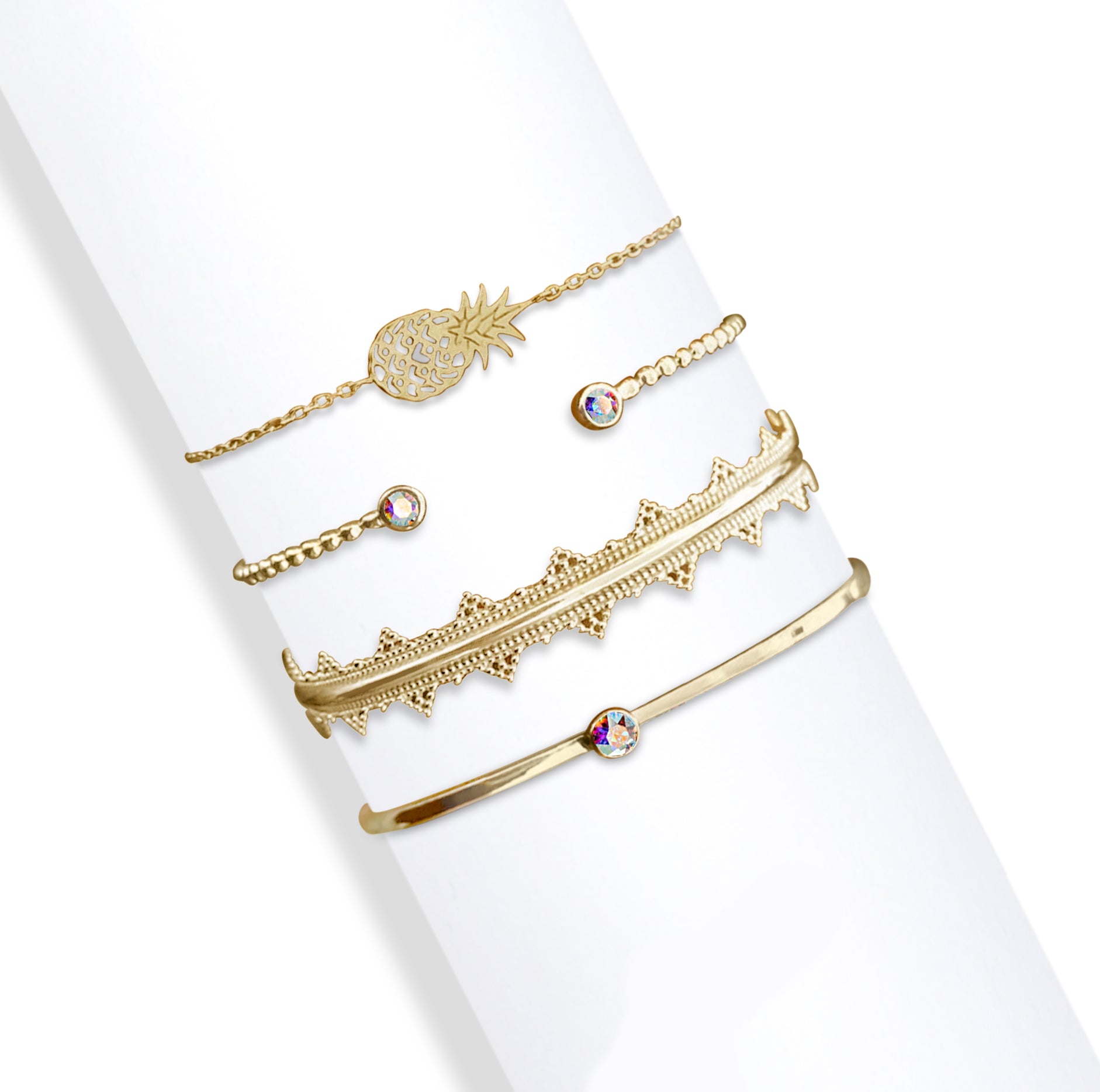 Goldtone & AB Boho Pineapple Swwarosvki Crystal Bracelet Set