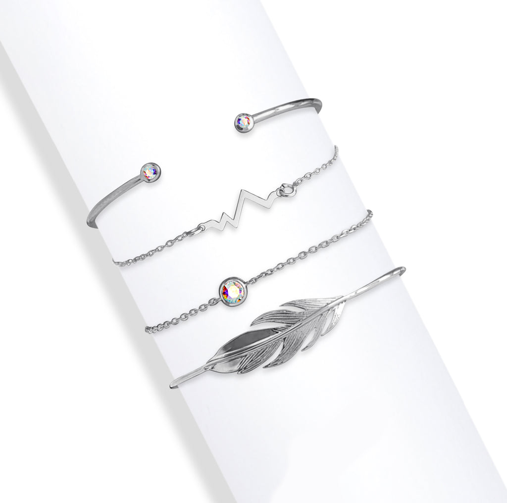 Silvertone & AB Heartbeat and Feather  Crystal Bracelet Set