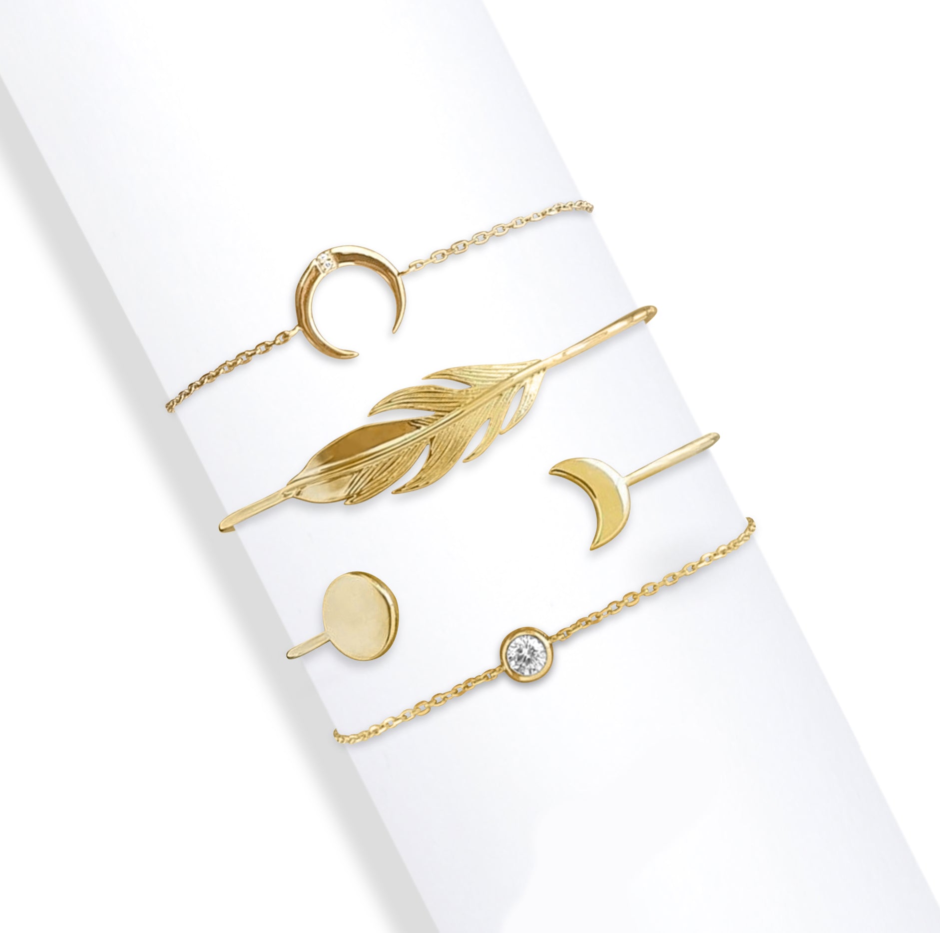 Goldtone & Clear Moon and Feather  Crystal Bracelet Set