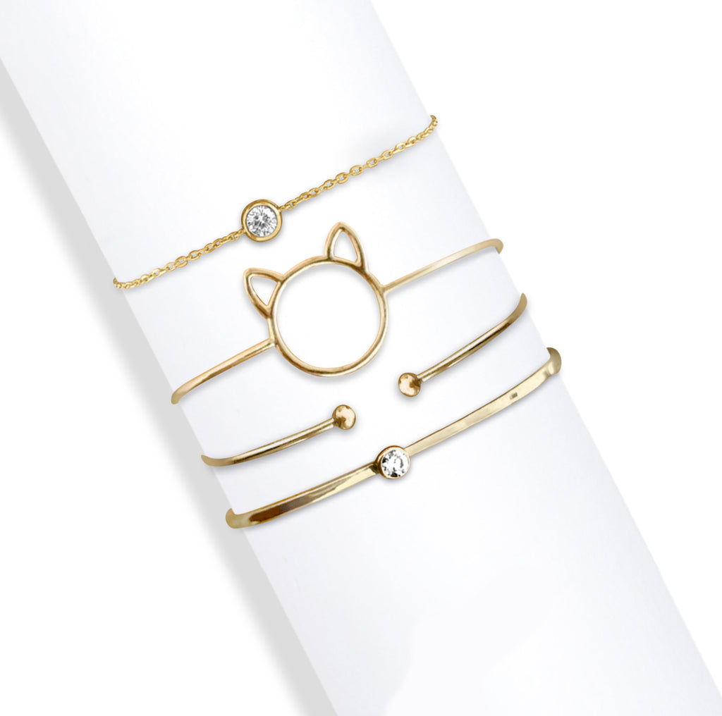 Goldtone & Clear Dainty Cat  Crystal Bracelet Set