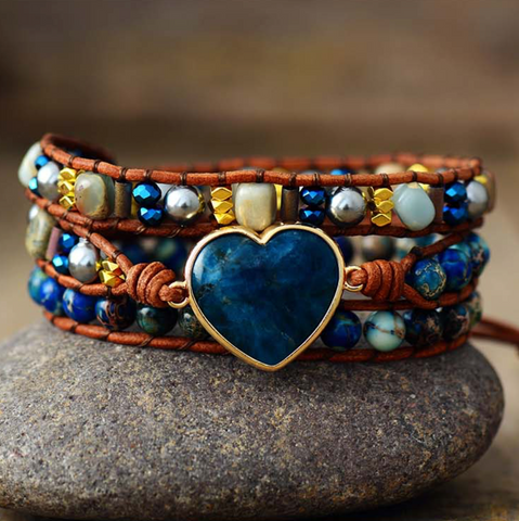 Blue Apatite Gemstone Heart Beaded Leather Wrap Bracelet