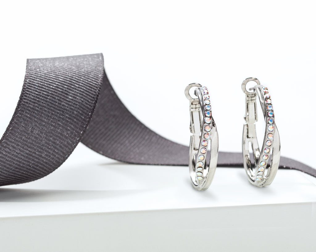 Silvertone & Aurora Borealis Crystal Twisted Hoop Earrings