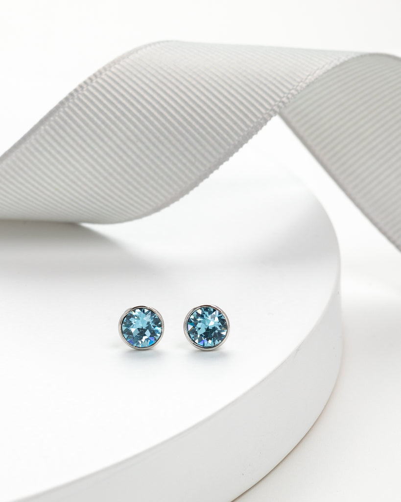 Silvertone & Aquamarine Bezel Set Crystal Stud Earrings
