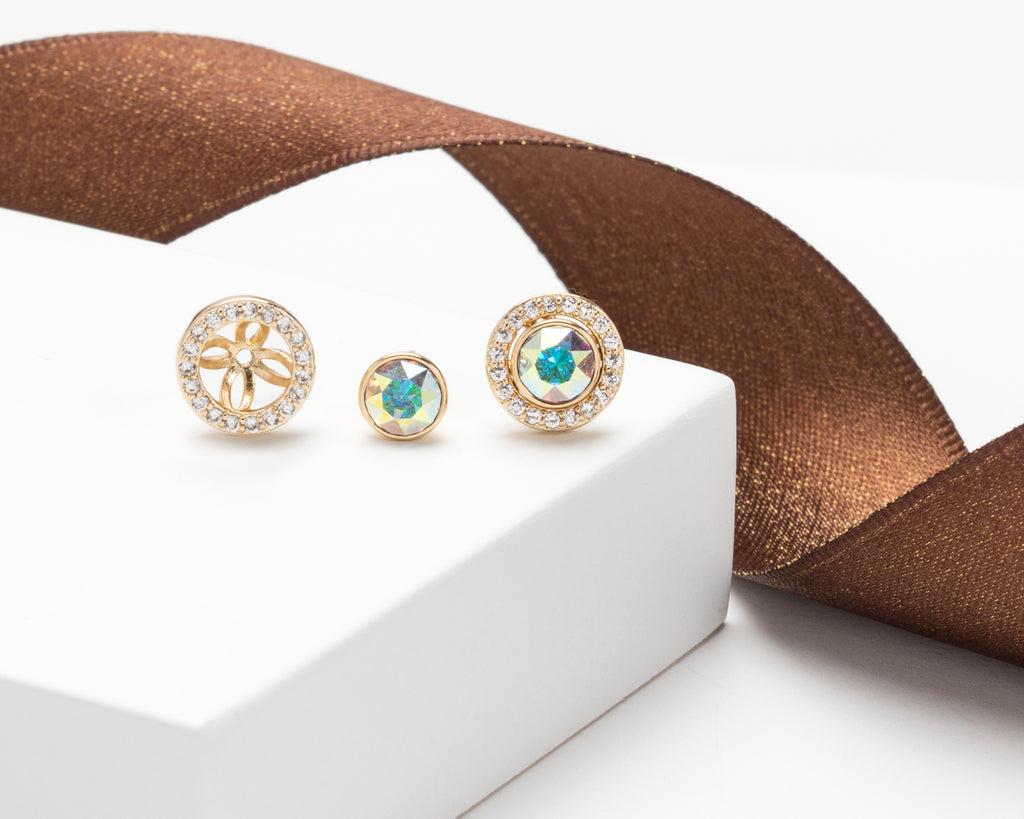 2 in 1 Wear Goldtone & Aurora Borealis Crystal Halo Stud Earrings