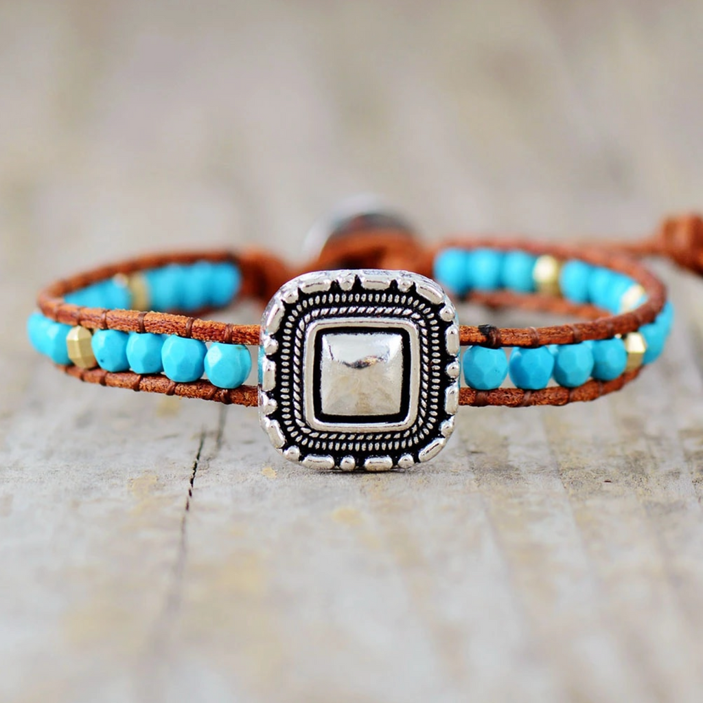 Boho Silvertone Faceted Turquoise Gemstone Beaded Bracelet