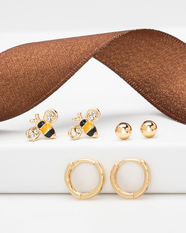 Crystal Bee & Goldtone Stud and Huggie Hoop Earring Set