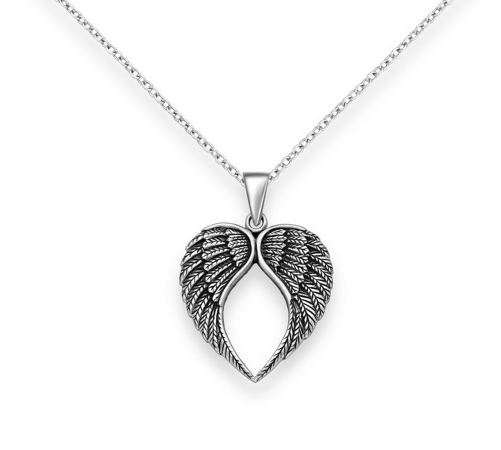Sterling Silver Oxidized Heart Wing Pendant Necklace
