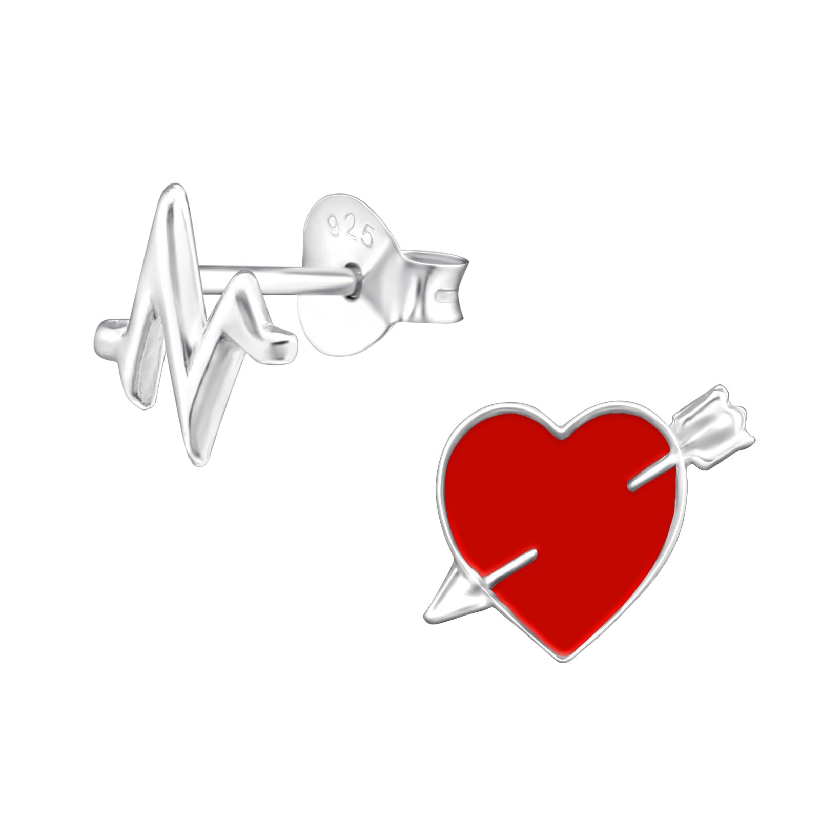 Sterling Silver Assymetrical Heart beat and Cupid Heart stud earring