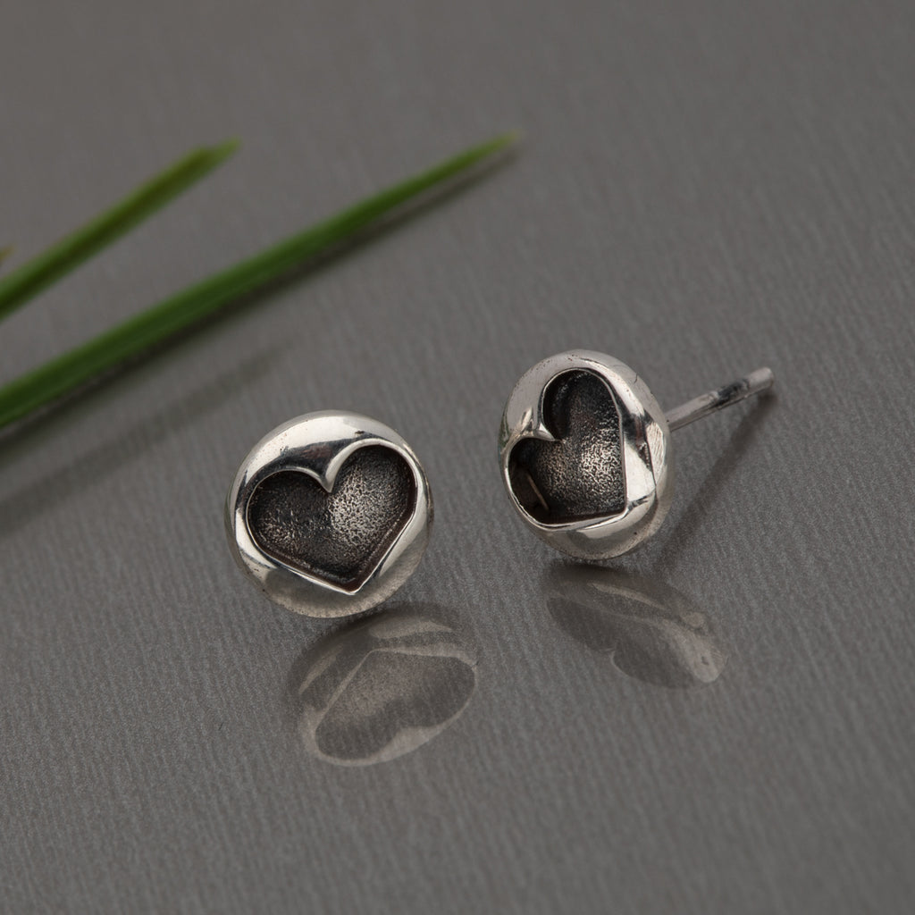 Sterling Silver Oxidized Stamped Heart Stud Earrings