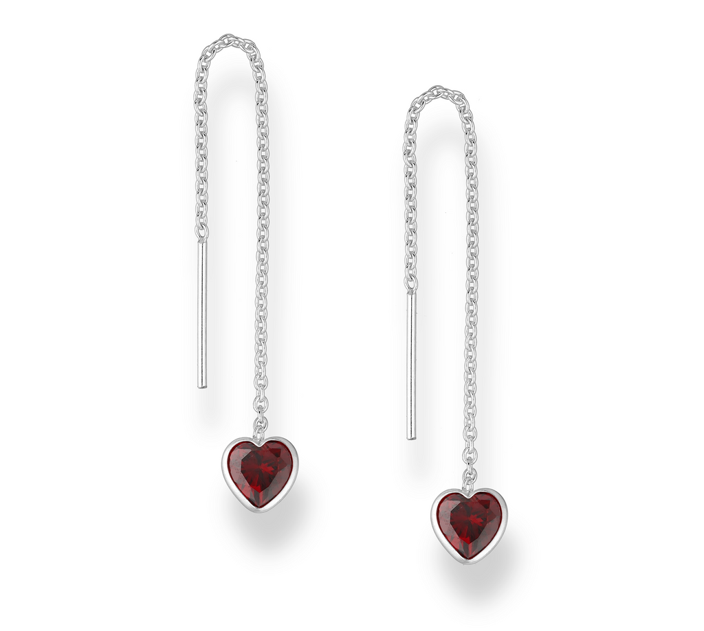 Sterling Silver Threader drop earrings with Red heart charm