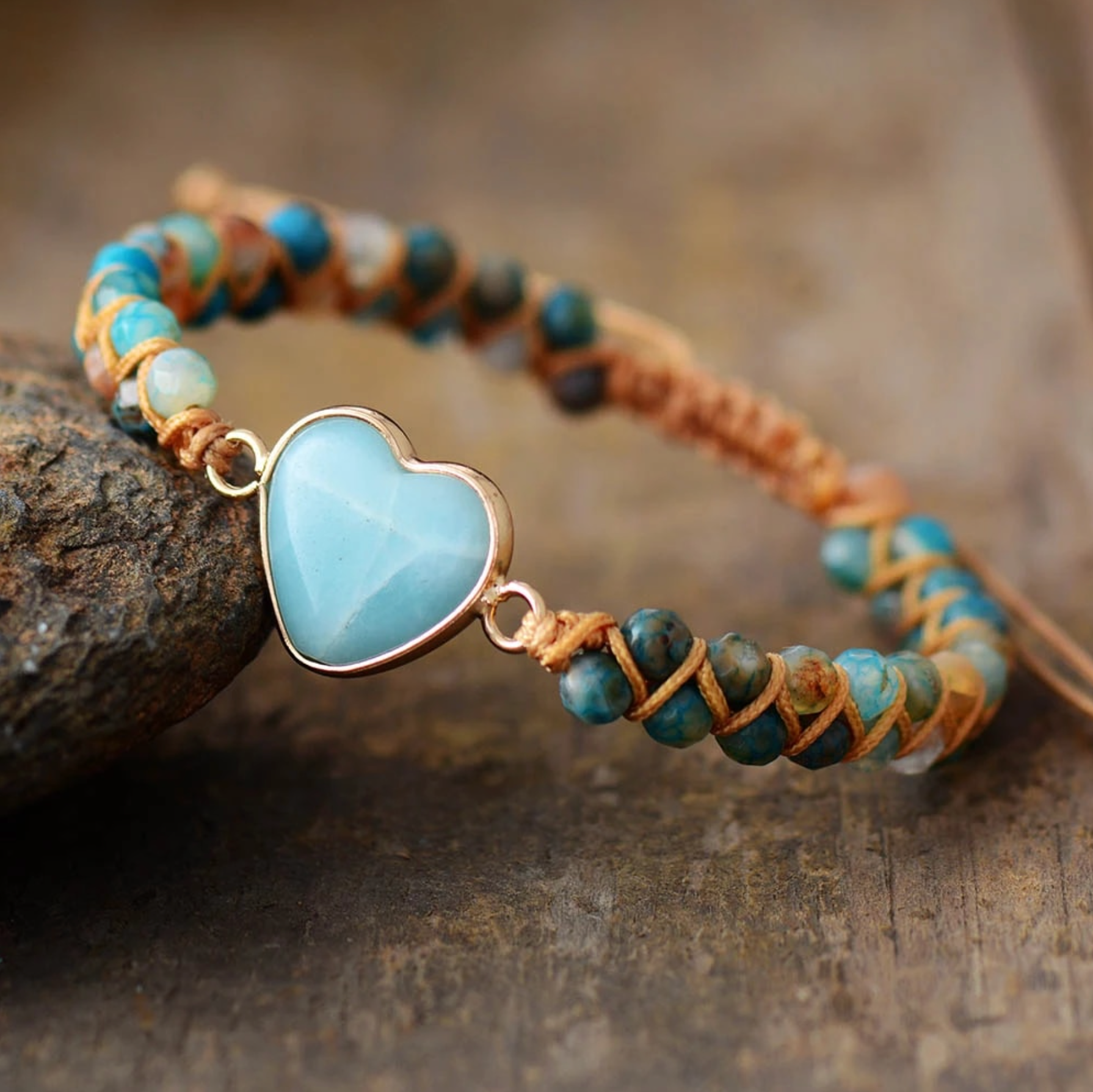 Amazonite Heart Onyx Beaded Adjustable Bracelet