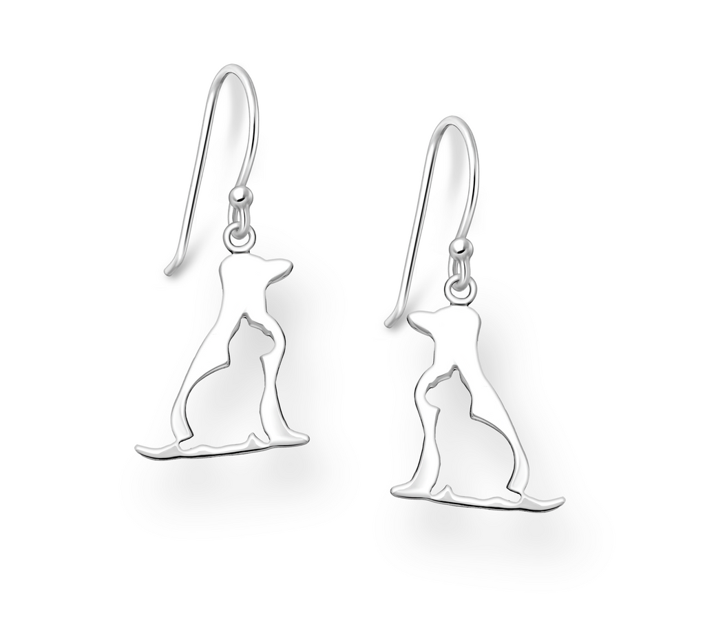 Sterling Silver Cut out cat in dog pet drop earrings